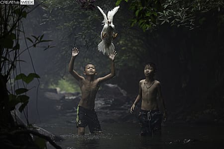 Два мальчика пытаются поймать утку возле водопада. (Фото Sarah Wouters | National Geographic Traveler Photo Contest)